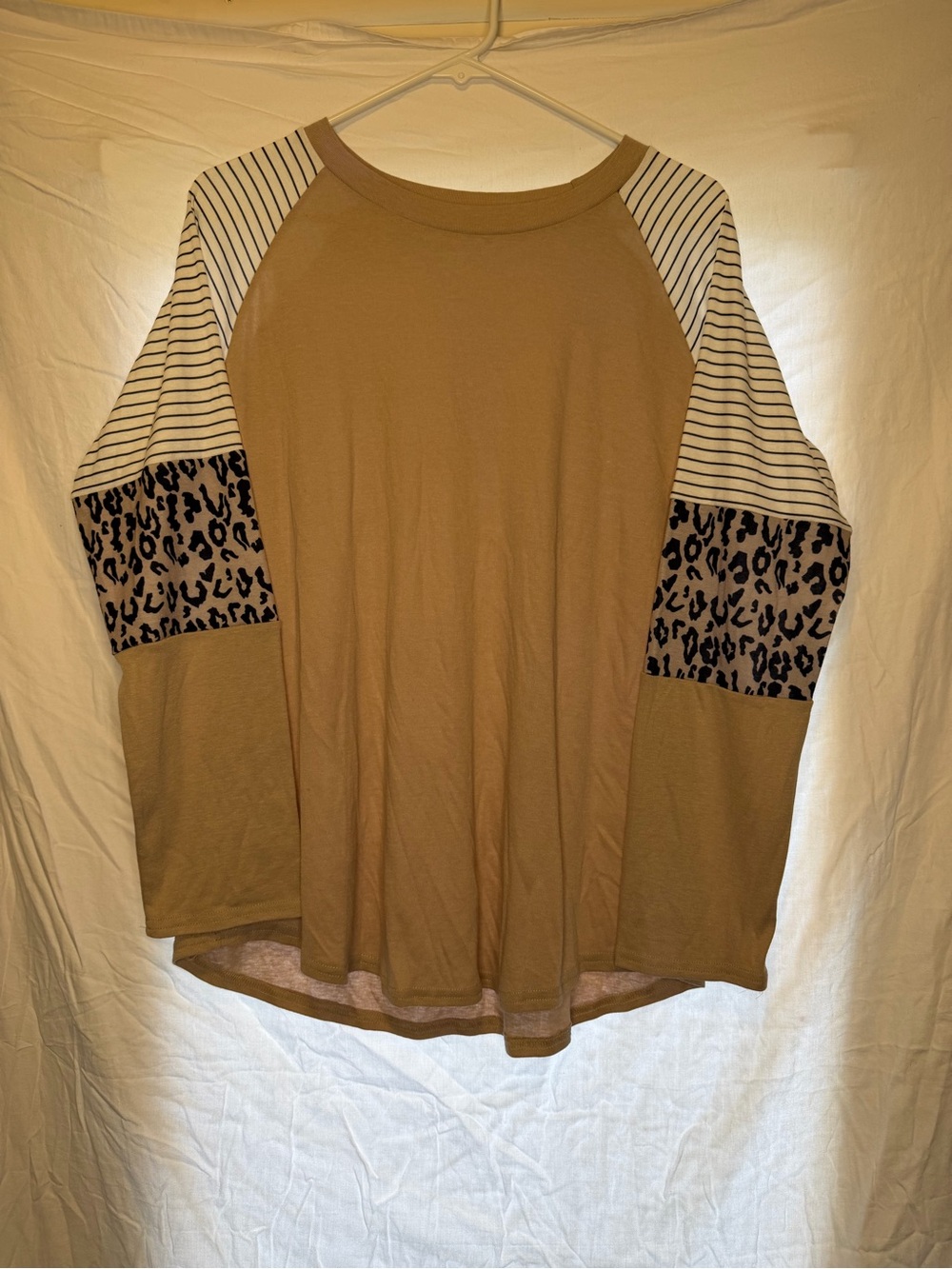 Womens Tan Raglan Sleeve Top with Striped and Leopard Panels